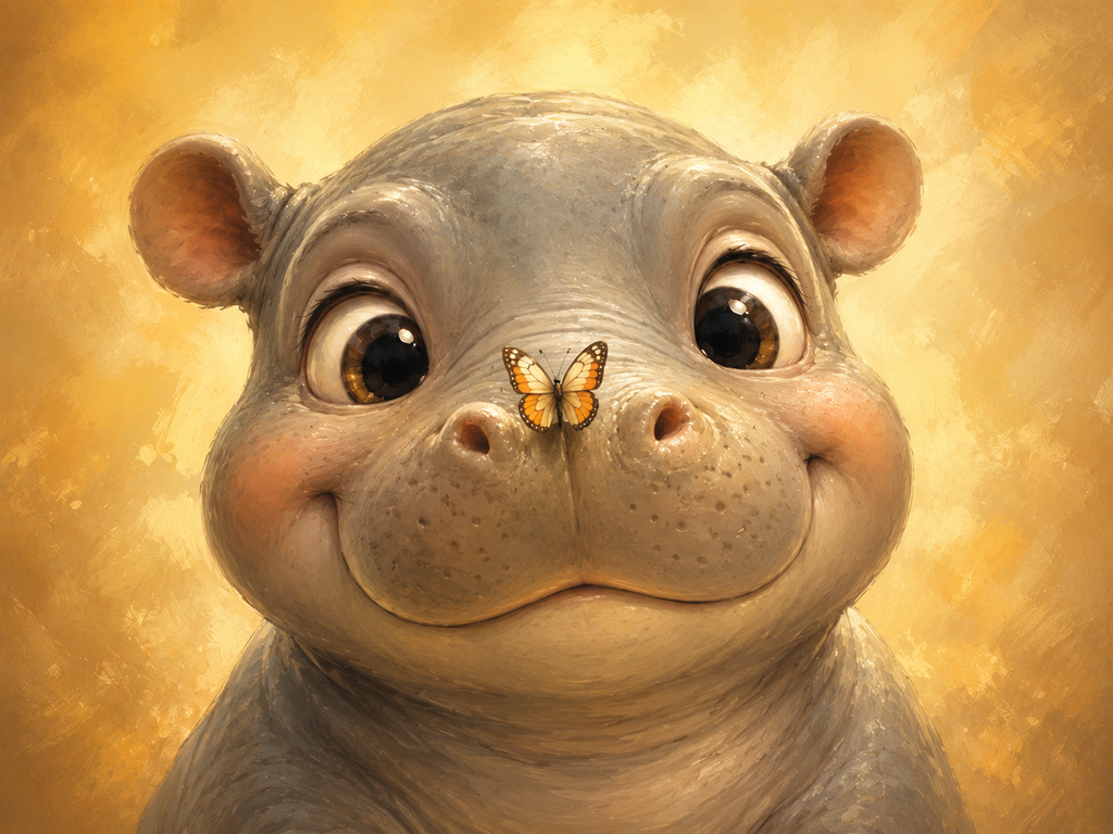 Baby Hippopotamus and butterfly
